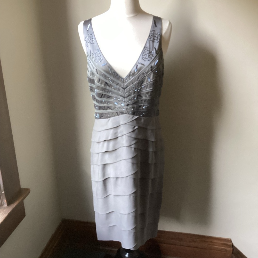 Chetta B Tiered Layered Sleeveless Dress Metallic Silver Size 12